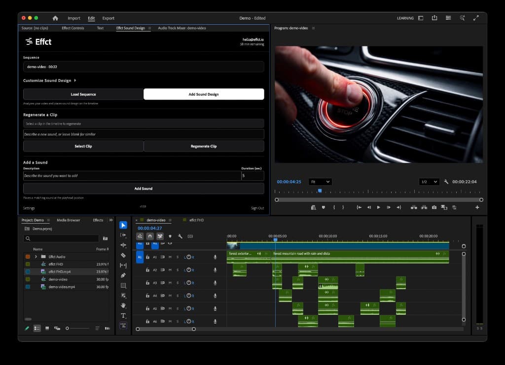 Effct plugin running inside Adobe Premiere Pro, showing the sound design panel alongside a fully populated timeline