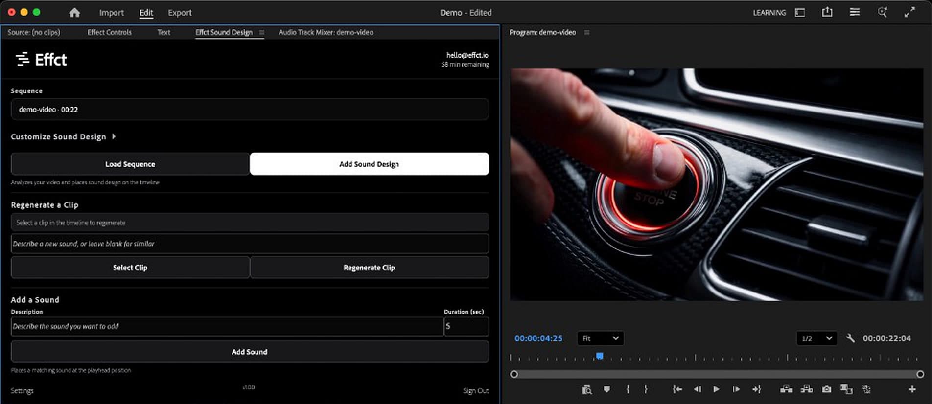 Premiere Pro with the Effct Sound Design panel open beside the program monitor