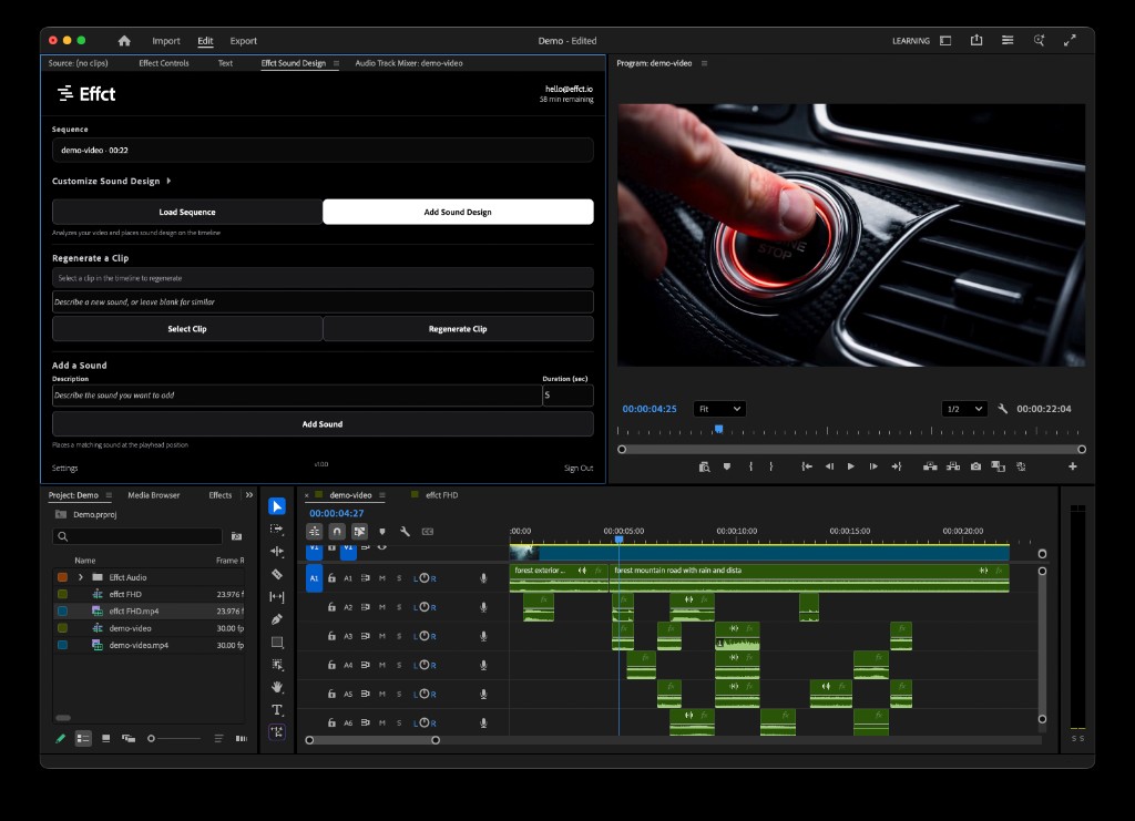 Effct plugin running inside Adobe Premiere Pro, showing the sound design panel alongside a fully populated timeline